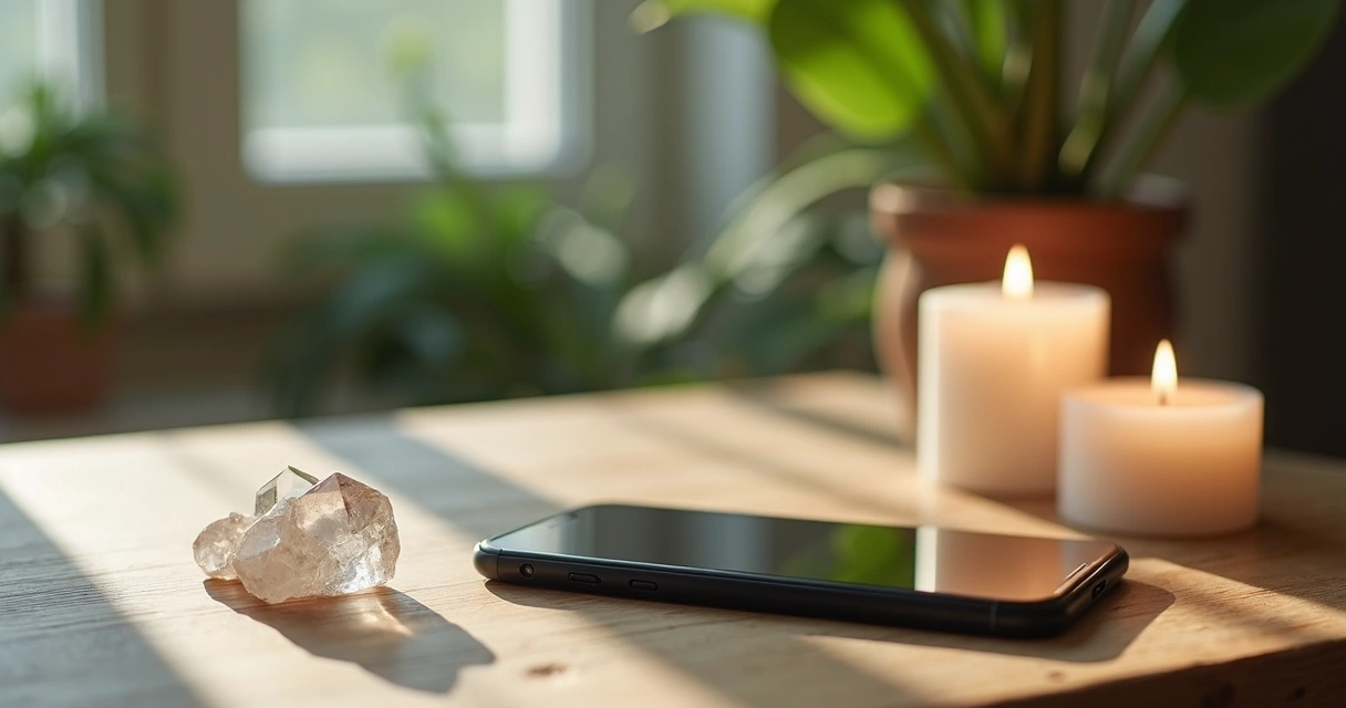 Celular sobre mesa de madeira com cristal de quartzo branco e vela acesa ao lado para limpeza energética