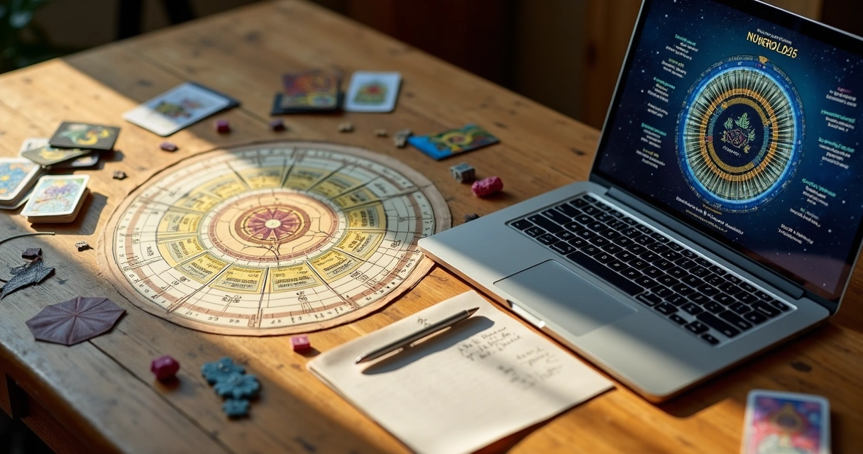 Mesa com cartas de tarot, números dispostos e computador aberto com gráfico numerológico detalhado