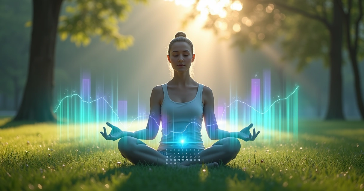 Pessoa meditando ao ar livre com visualização gráfica de energia pessoal ao redor