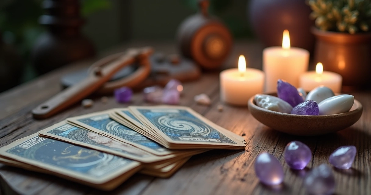 Mesa de madeira com cartas de tarot, búzios, cristais e velas acesas ambientando um espaço esotérico