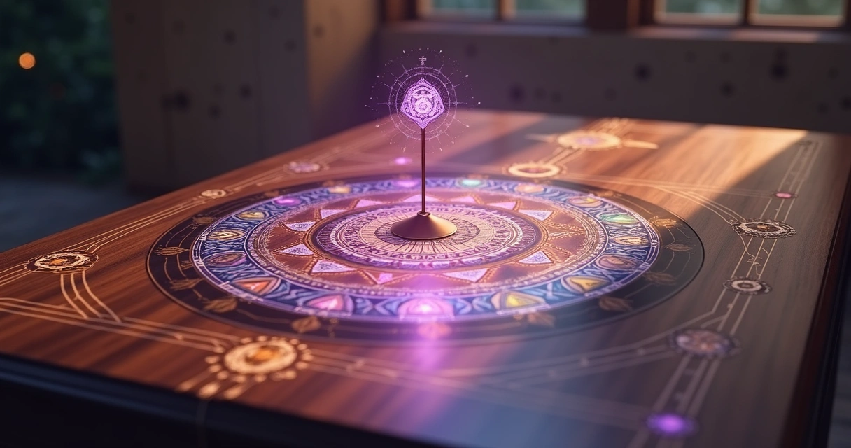 Mesa radiônica com pêndulo sobre superfície de madeira e símbolos energéticos em destaque