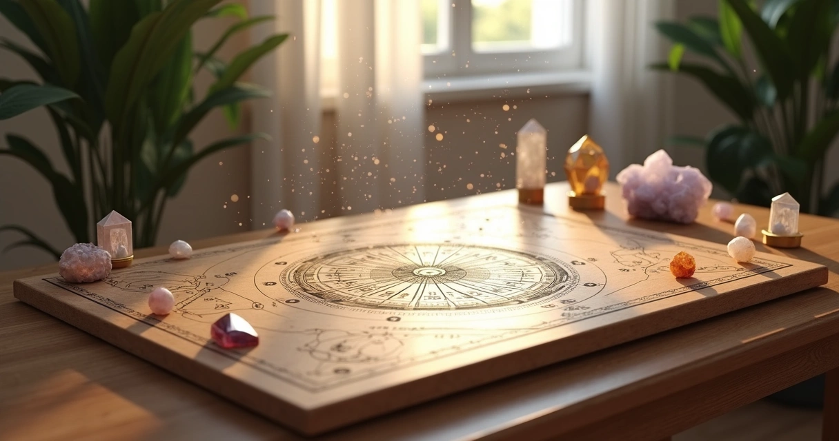 Mesa radiônica com gráficos, símbolos, cristais e elementos esotéricos em ambiente tranquilo para limpeza energética e prosperidade espiritual