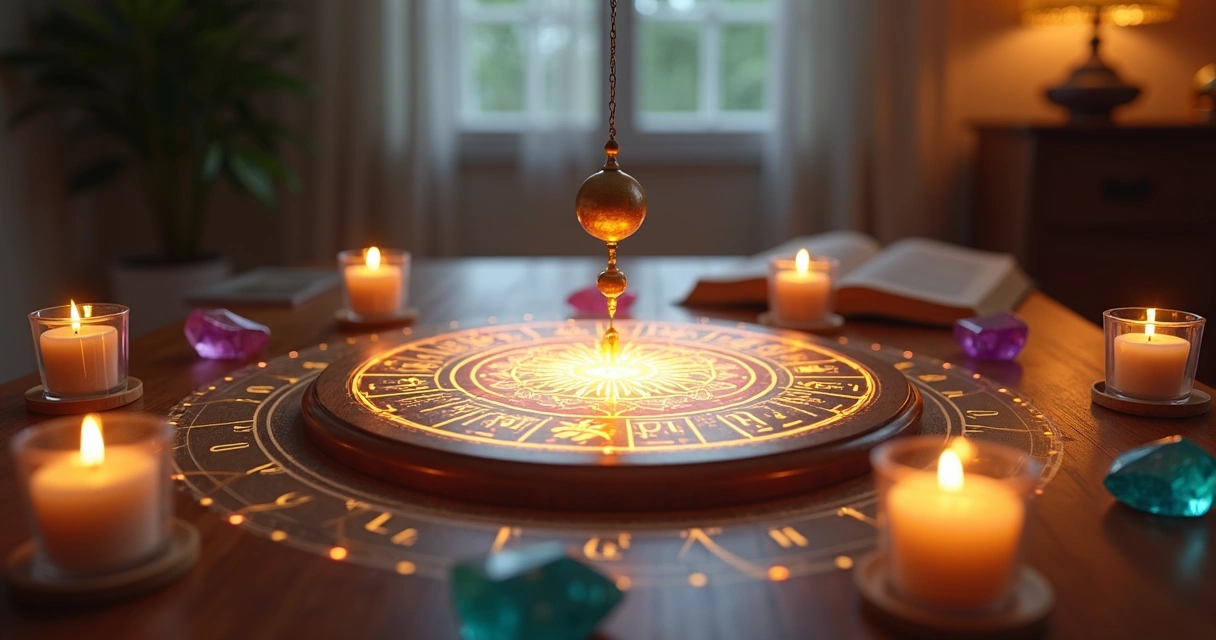 Mesa radiônica com símbolos esotéricos, pêndulo de radiestesia, velas e cristais sobre uma mesa de madeira clara