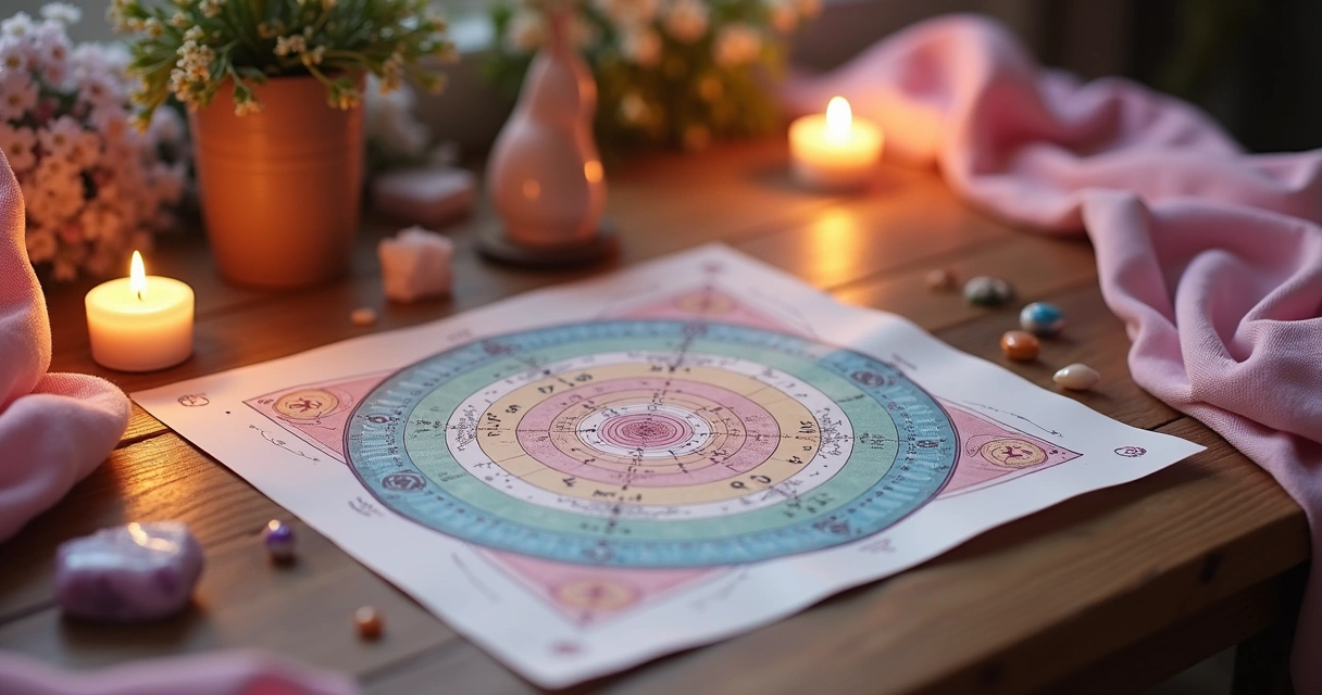 Mesa radiônica com gráficos e símbolos energéticos sobre uma mesa de madeira, iluminada por velas e cristais