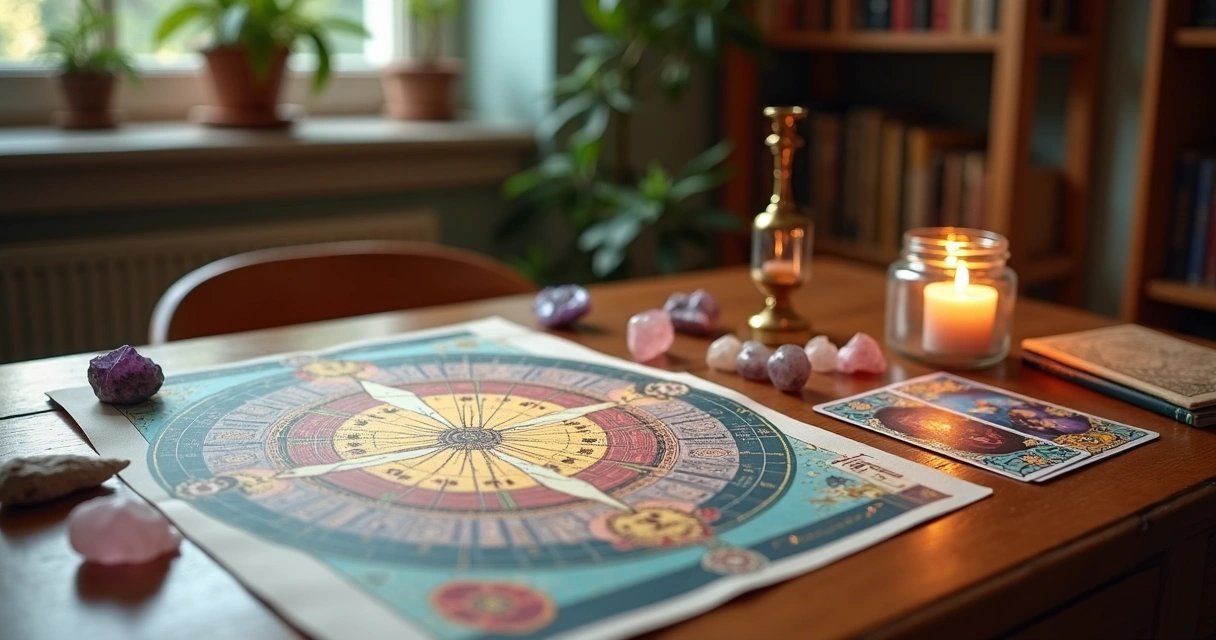 Mesa de tarot com cartas dispostas, mapa astral impresso ao lado, vela acesa e cristais coloridos