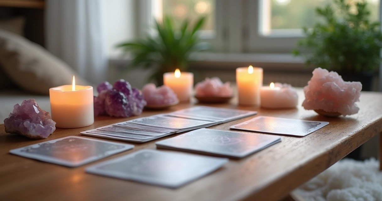 Mesa com cartas de tarot dispostas, cristais coloridos e velas acesas em ambiente tranquilo para autocuidado