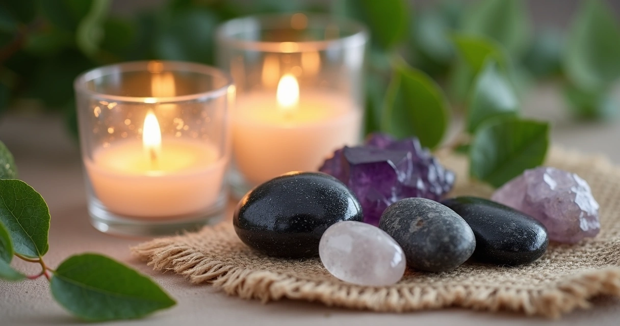 Pedras de proteção variadas sobre tecido natural ao lado de velas acesas e folhas verdes