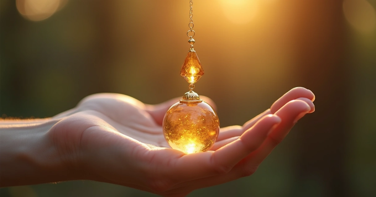 Mão segurando um pêndulo de cristal dourado sobre a palma aberta, com fundo desfocado e luz suave
