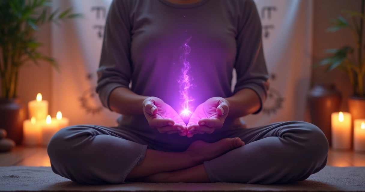 Pessoa meditando com as mãos posicionadas para canalizar energia, luz violeta emanando das palmas, ambiente calmo com velas e símbolos de reiki ao fundo