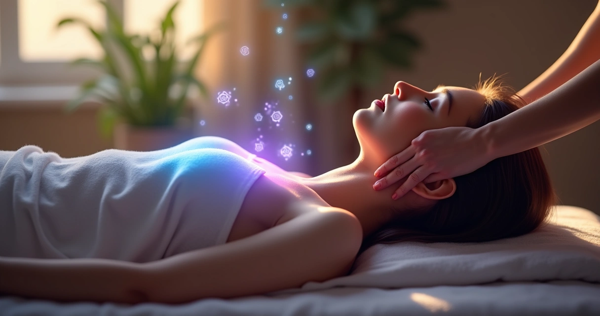 Pessoa recebendo sessão de Reiki com luz suave e símbolos energéticos visíveis ao redor