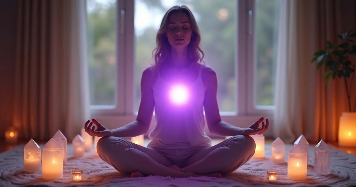 Praticante de Reiki meditando com mãos estendidas, irradiando luz violeta ao redor como escudo energético, ambiente tranquilo e iluminado com velas e cristais