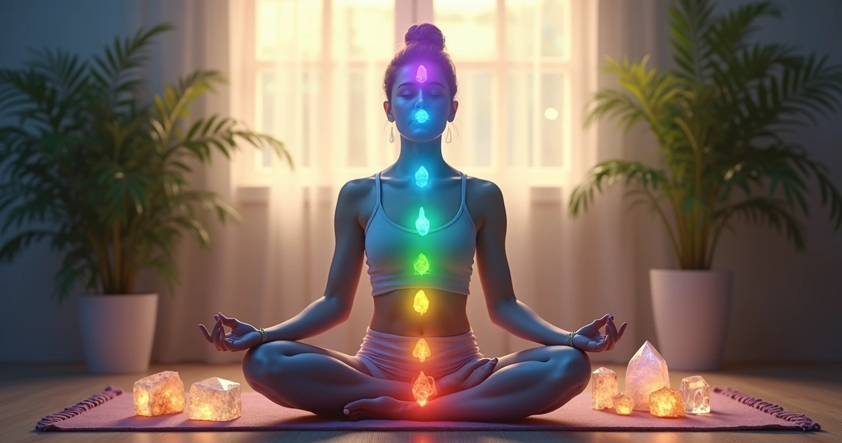 Mulher meditando com cristais e chakras iluminados em ambiente calmante e espiritual