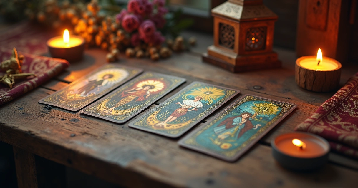 Cartas do Baralho Cigano espalhadas sobre mesa de madeira, com luz suave e elementos esotéricos ao redor