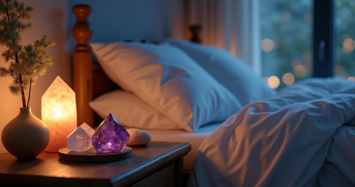 Cristais variados sobre a mesa ao lado de uma cama arrumada, com luz suave de abajur amarelo e atmosfera calma para ritual noturno