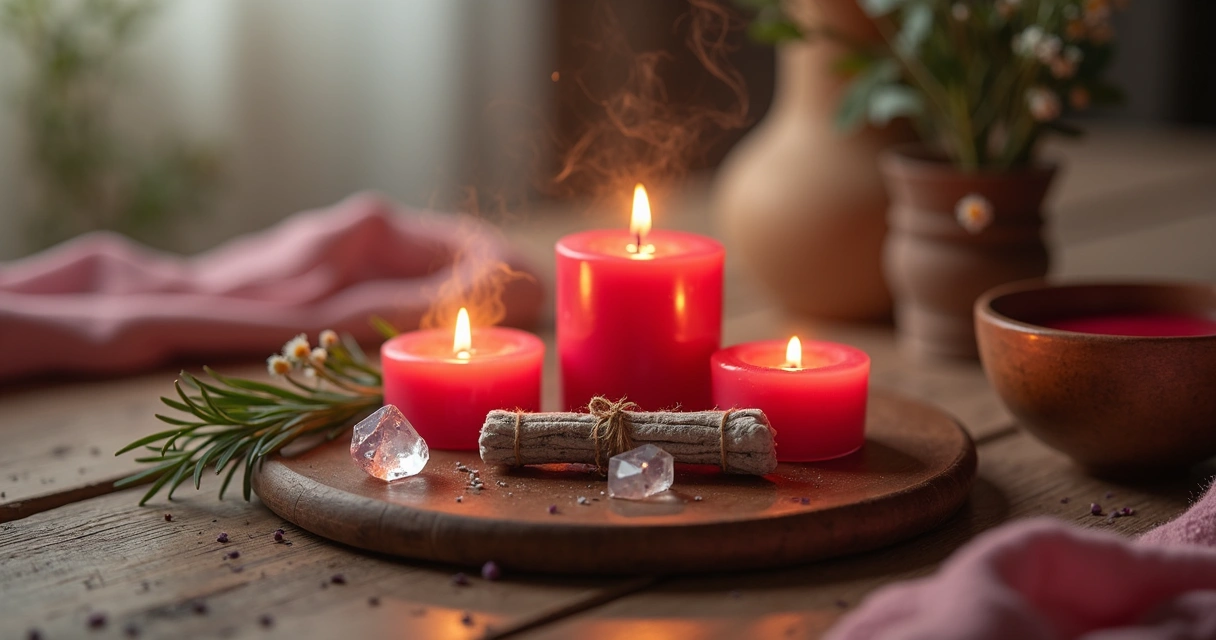 Mesa com elementos esotéricos para ritual menstrual, como velas vermelhas, cristais, incenso e ervas