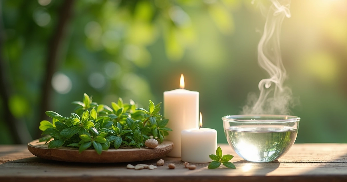Mesa com itens para banho energético: ervas, velas acesas e um vaso com água cristalina