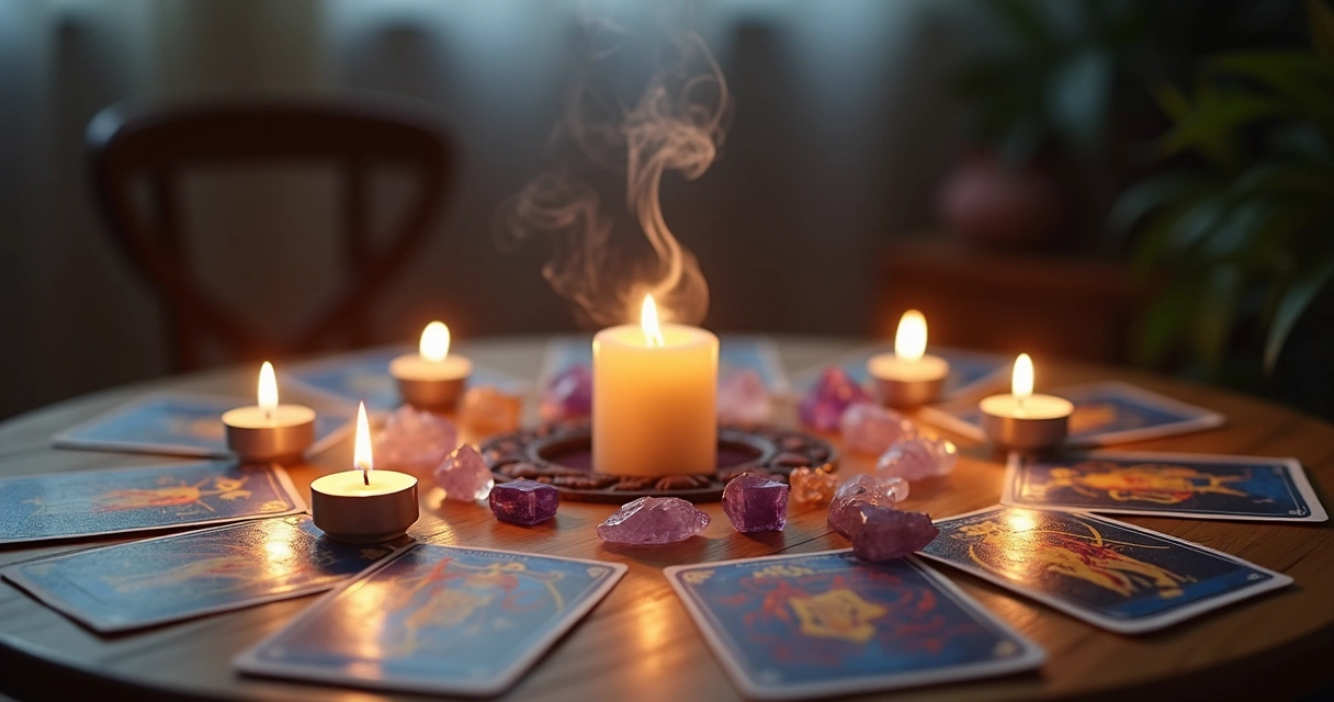 Mesa com cartas de tarot dispostas em círculo, velas acesas e cristais ao redor para ritual de superação