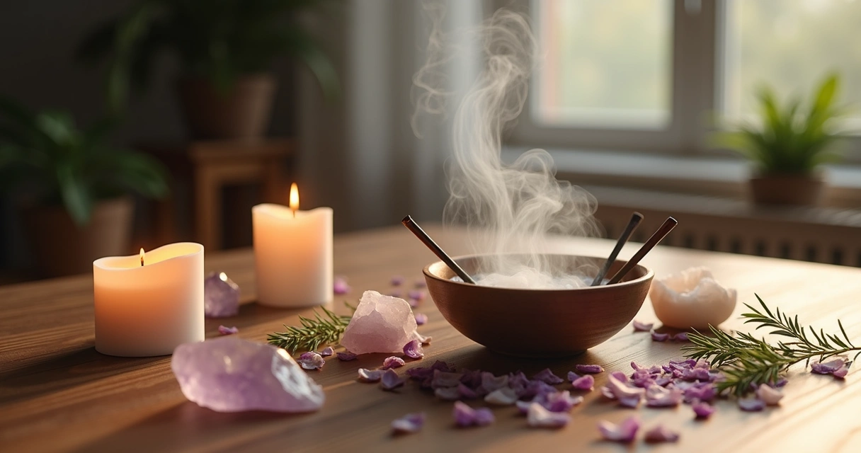 Mesa com velas acesas, incenso fumegante e cristais dispostos para ritual espiritual