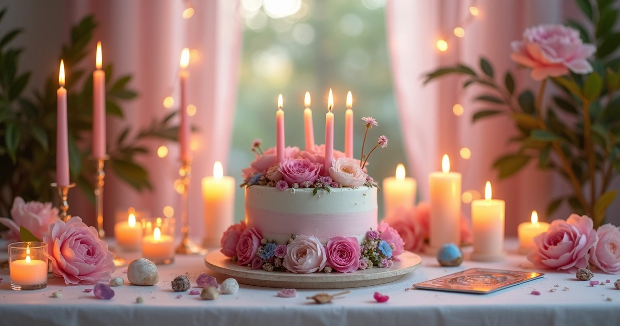 Mesa decorada para festa de aniversário com velas, flores, bolos e cristais em ambiente aconchegante