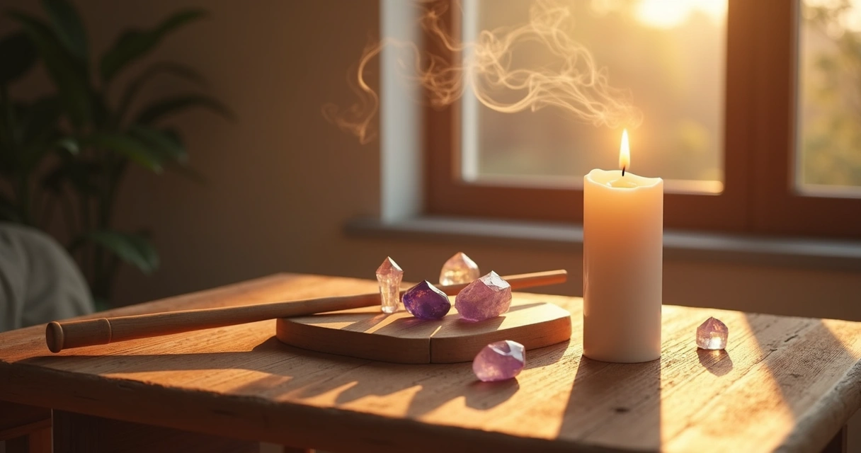 Mesa com objetos para rituais matinais: vela acesa, cajado de madeira, cristais e incenso fumegante