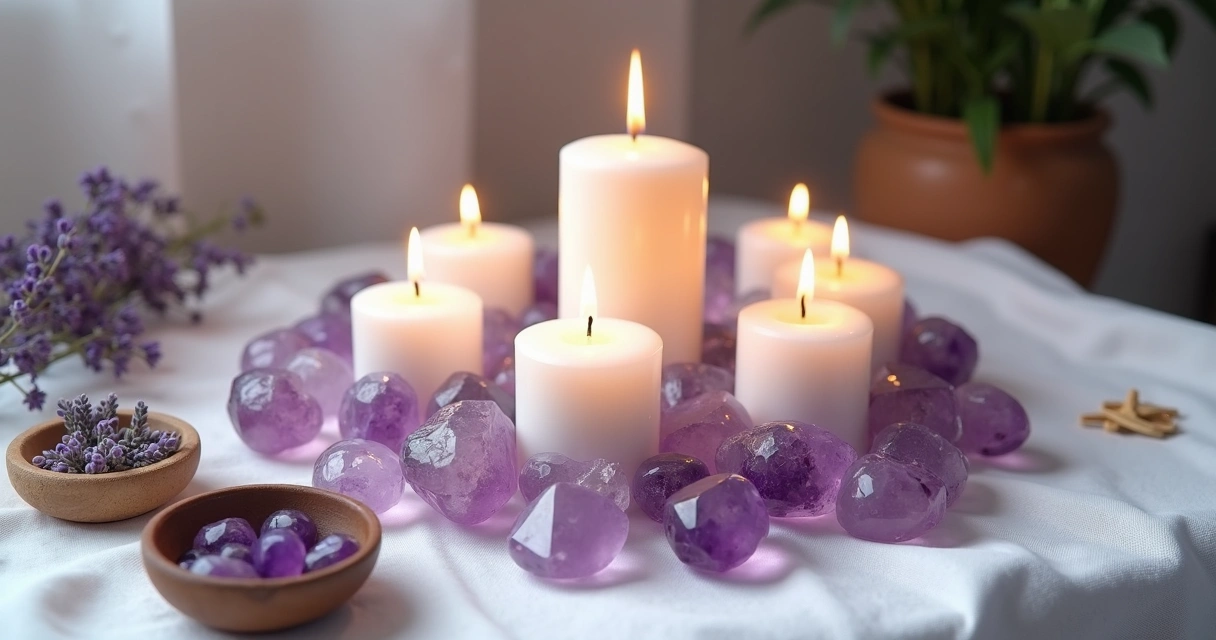 Velas acesas e cristais sobre tecido branco em altar para ritual de perdão e encerramento de ciclos