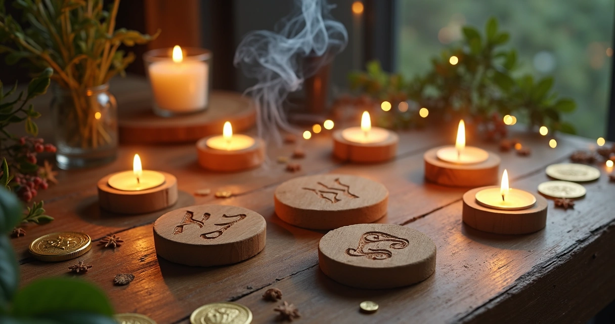 Mesa ritualística com runas nórdicas em pedras de madeira dispostas entre velas acesas e elementos dourados para prosperidade