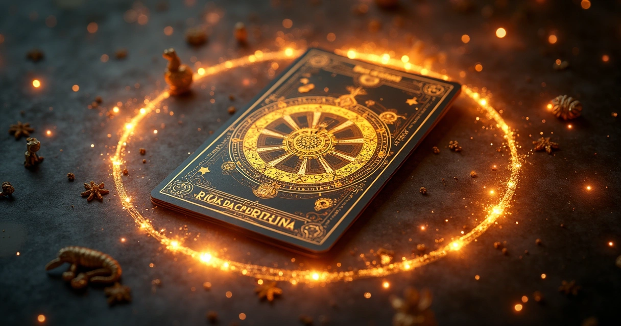 Carta Roda da Fortuna do tarot com círculos dourados girando ao redor e luzes brilhantes simbolizando ciclos e mudanças no ano