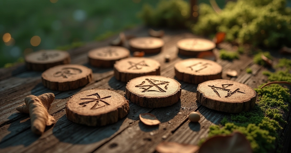 Runas nórdicas esculpidas em pedaços de madeira com fundo rústico e detalhes em musgo