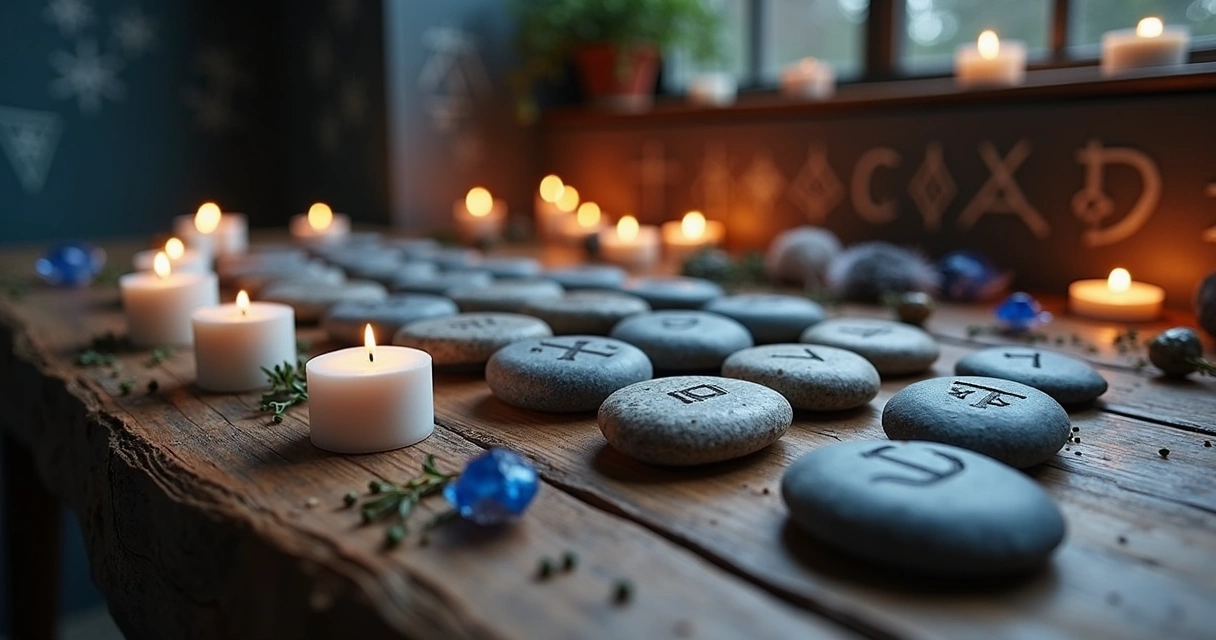 Runas nórdicas dispostas sobre um altar com velas acesas e cristais ao redor, cenário místico de ritual de proteção pessoal