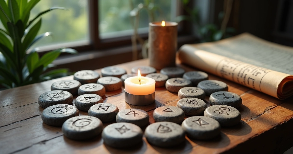 Mesa de madeira com runas de pedra dispostas ao redor de uma vela acesa e um pergaminho aberto
