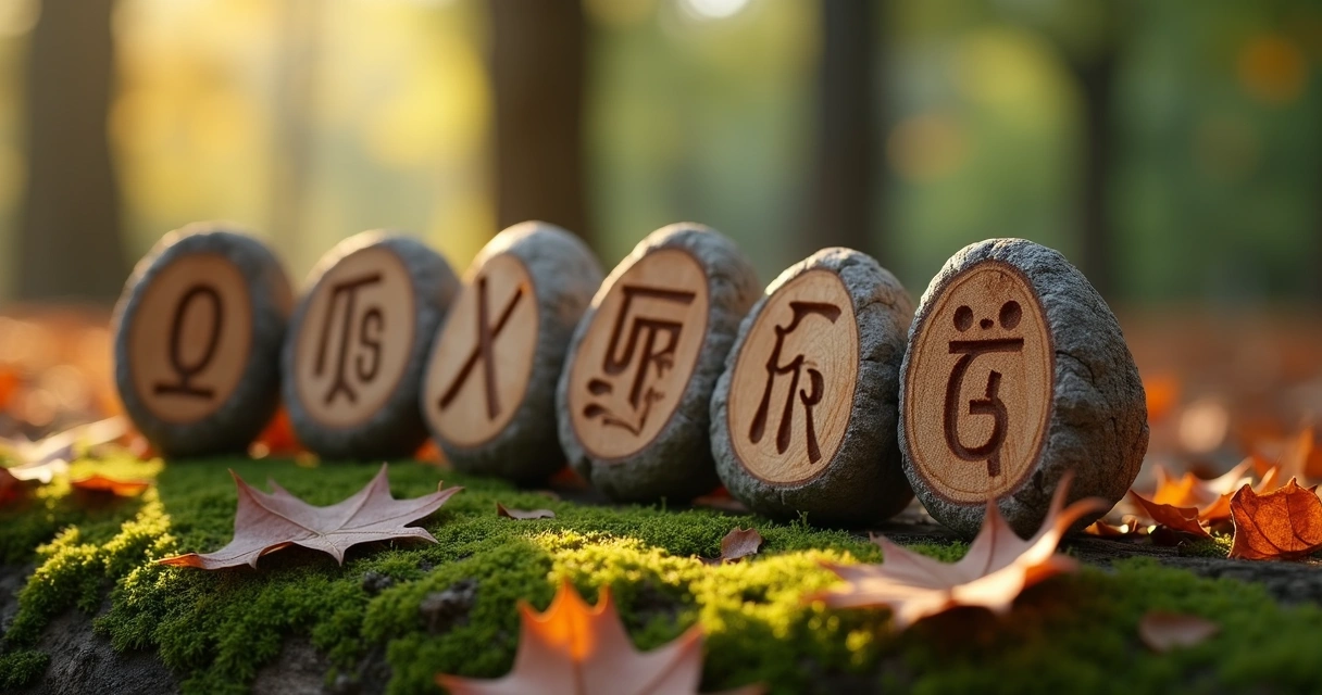 Runas entalhadas em pedras de madeira sobre fundo natural com luz suave