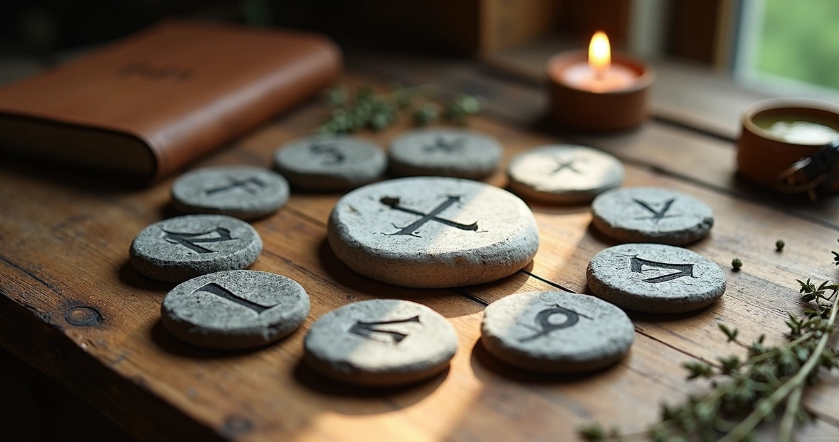 Mesa de madeira com runas de pedra dispostas em círculo para consulta diária