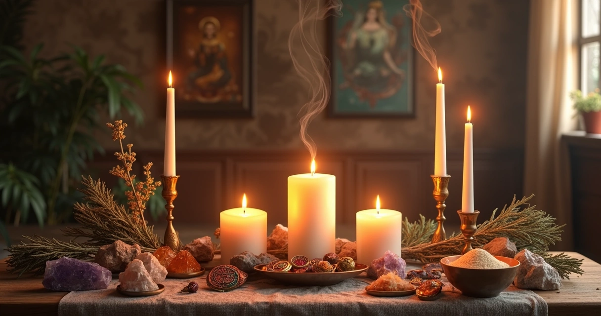 Altar com símbolos sagrados como velas, ervas, amuletos e cristais em ambiente espiritual