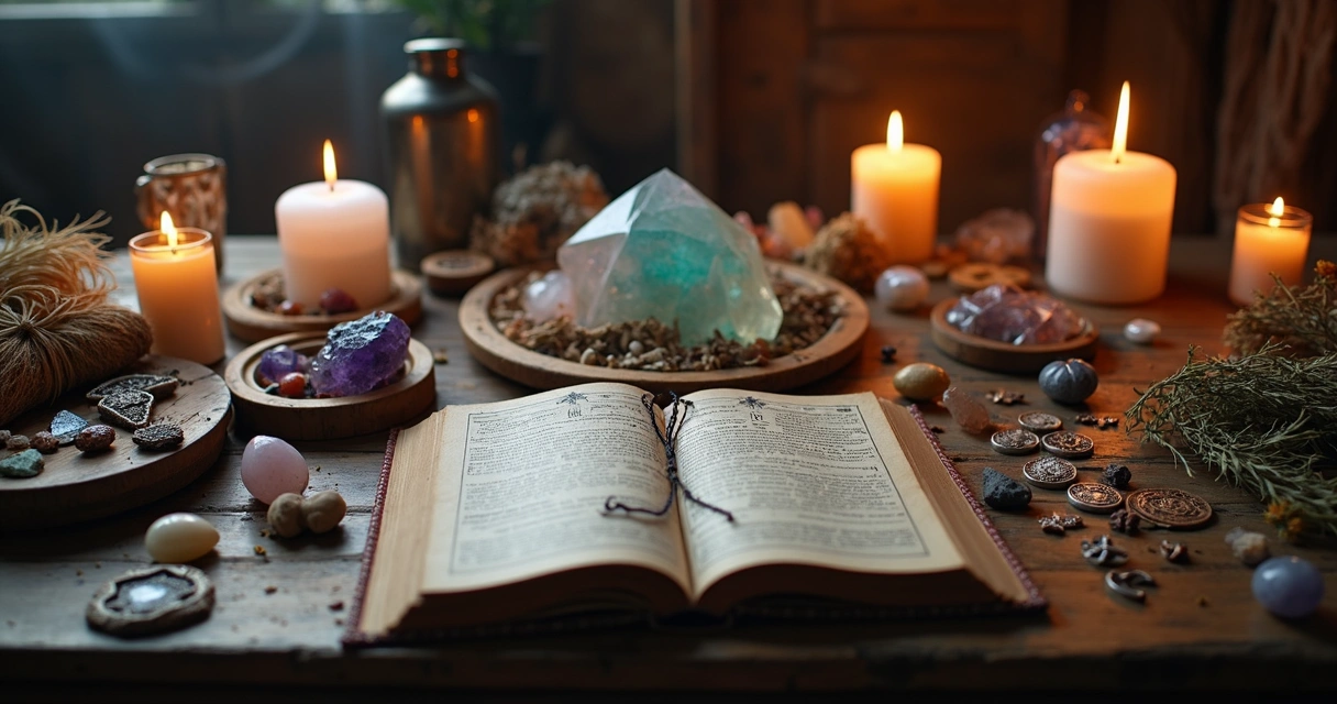 Mesa com diversos elementos esotéricos: velas acesas, cristais, ervas, amuletos e livros antigos abertos exibindo símbolos místicos