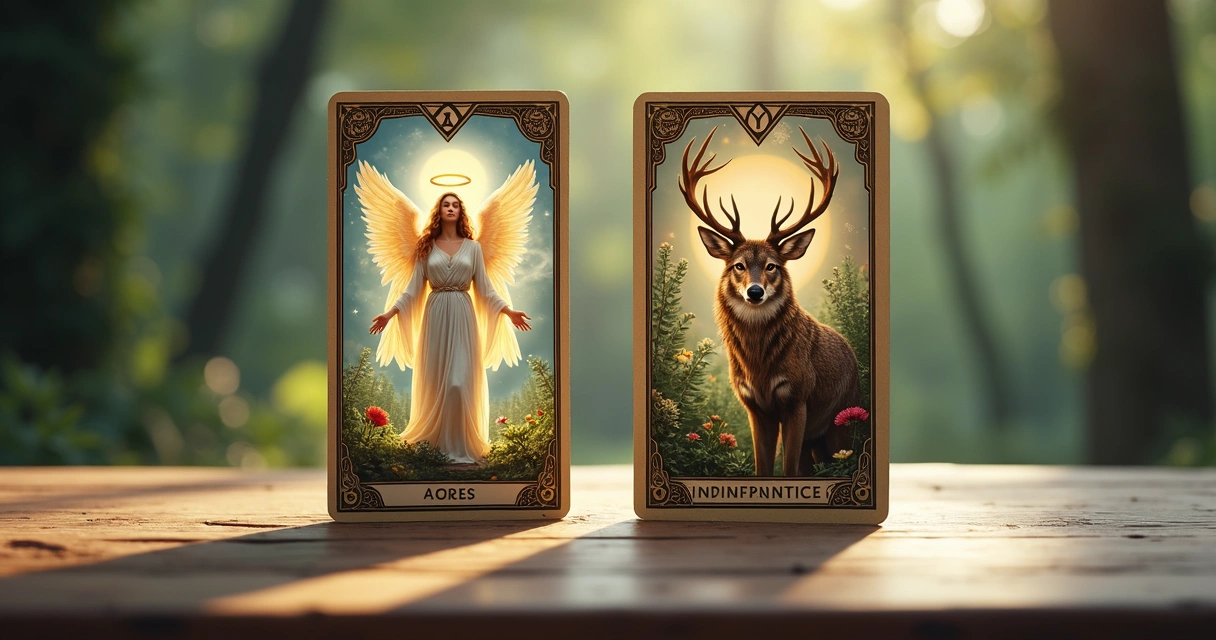 Cartas de tarot dos anjos e tarot dos animais dispostas lado a lado sobre mesa de madeira