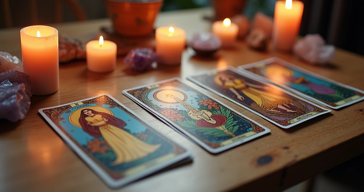 Mesa com cartas de tarot abertas destacando os arcanos maiores, velas acesas e cristais para proteção espiritual