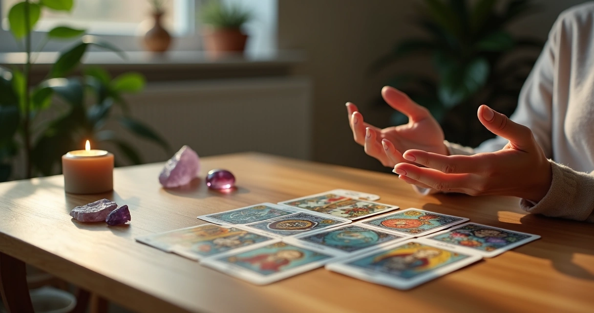 Mãos femininas segurando cartas de tarot com luz suave, ambiente tranquilo para controle da ansiedade