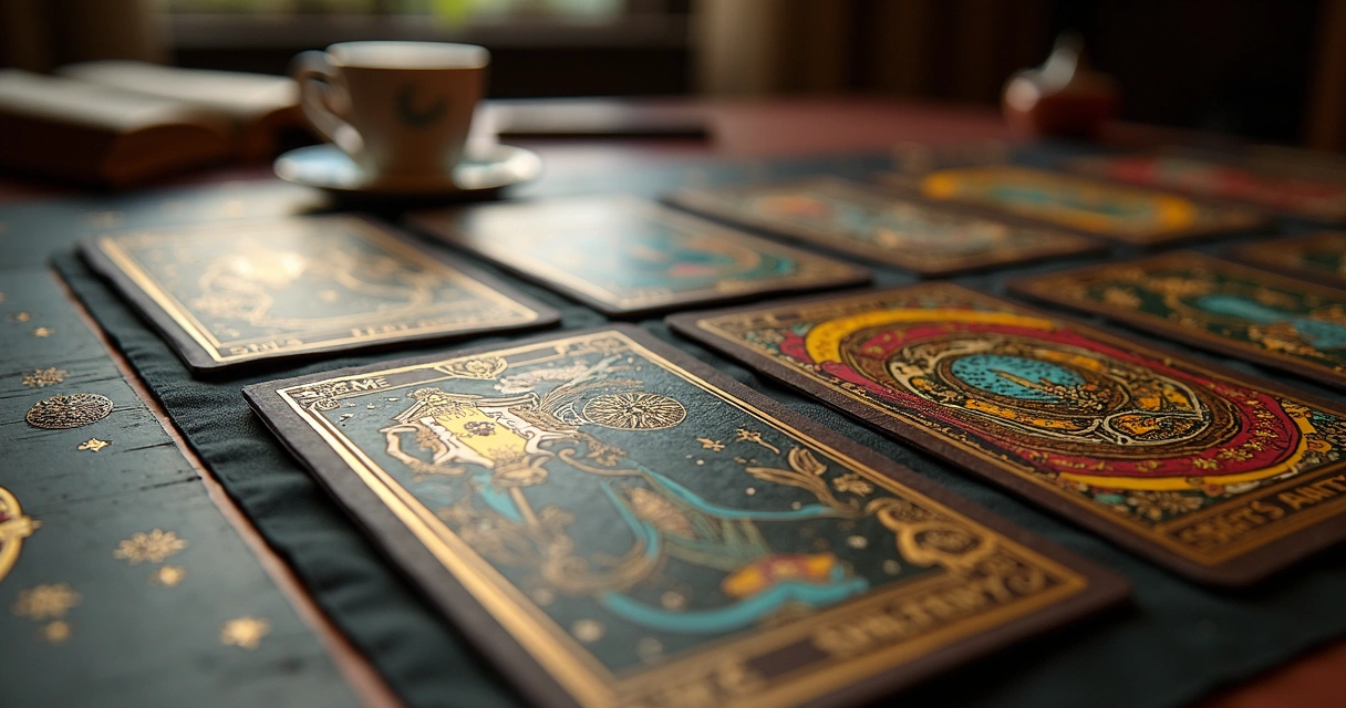 Mesa com cartas de tarot dispostas para consulta de planejamento profissional com elementos de escritório e cristais