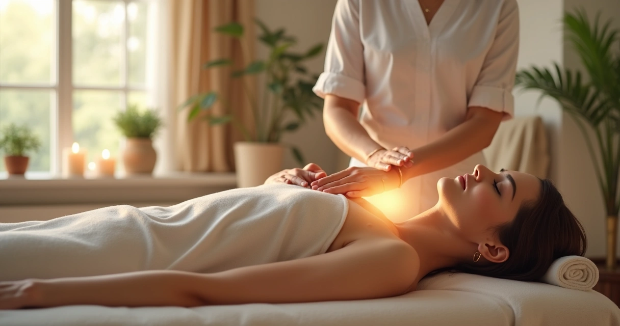 Terapeuta aplicando reiki com as mãos sobre o corpo de uma pessoa deitada em ambiente tranquilo e iluminado