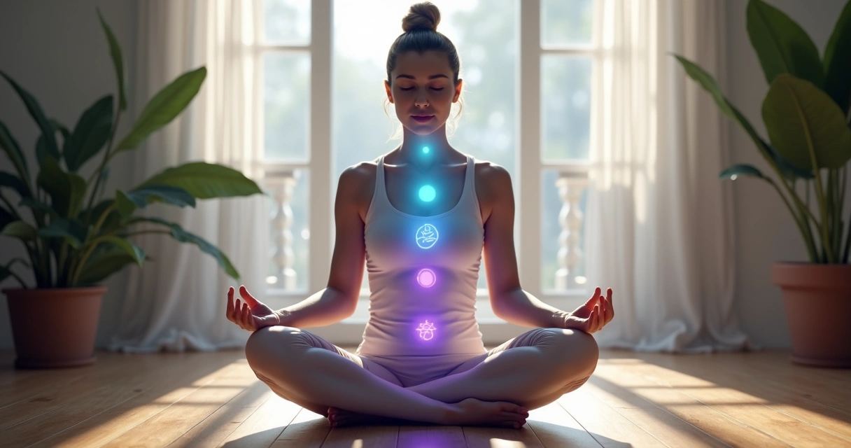 Terapeuta sentada meditando com energia luminosa fluindo das mãos no ambiente tranquilo