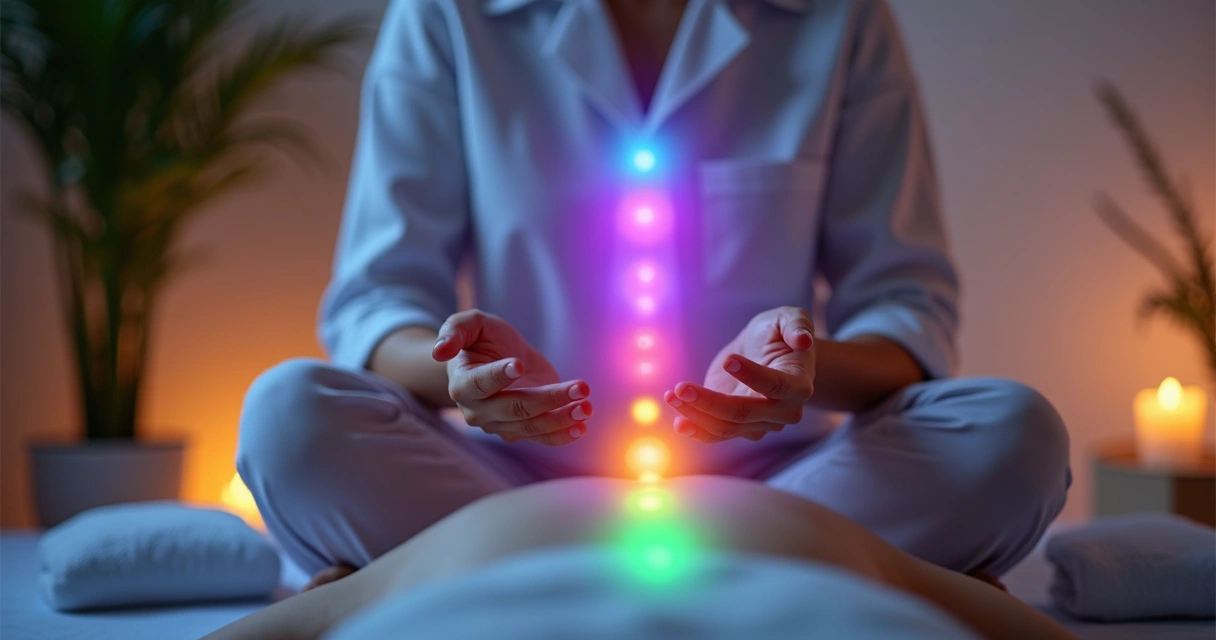 Terapeuta aplicando reiki com luzes coloridas simbolizando energia positiva e chakras alinhados