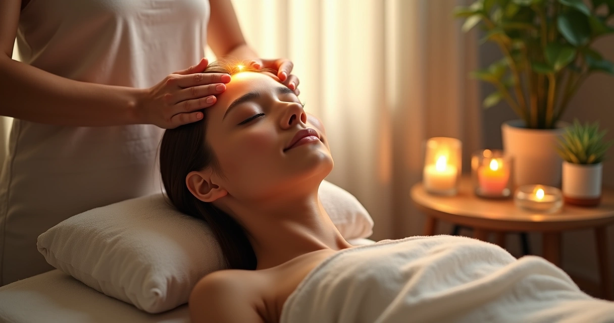 Terapeuta aplicando reiki na cabeça de uma pessoa em ambiente calmo e iluminado para aliviar dor de cabeça
