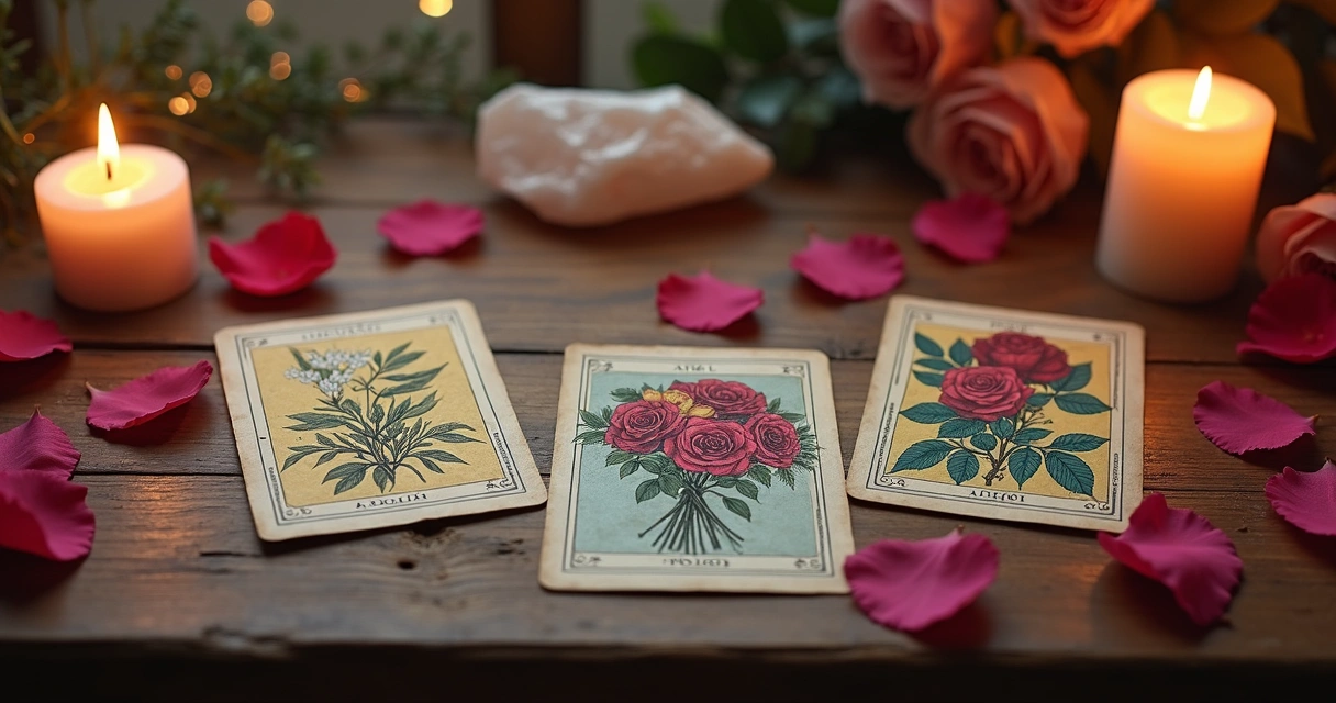 Cartas do baralho cigano dispostas em formato de tiragem sobre fundo de madeira com símbolos do amor como coração e buquê