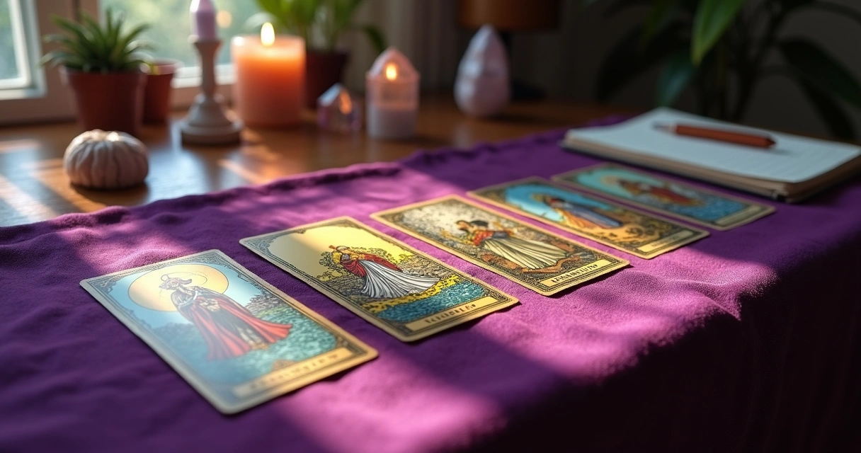 Mesa com cartas de tarot dispostas em tiragem de cinco cartas sobre tecido roxo