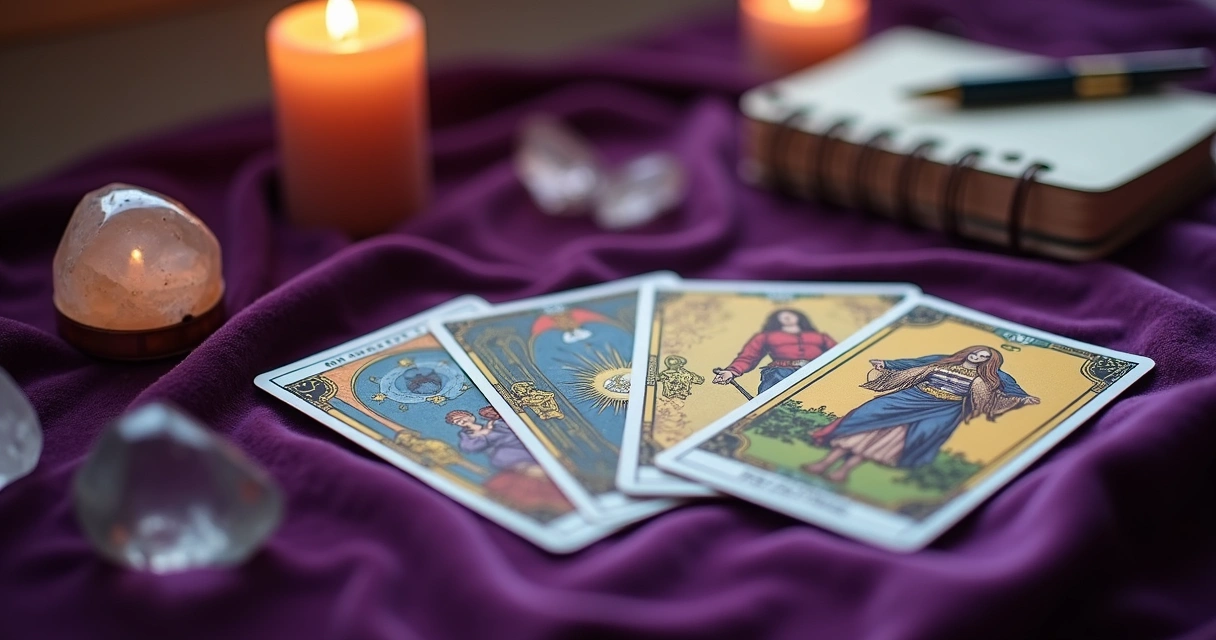 Mesa com três cartas de tarot dispostas em leque sobre pano de veludo roxo