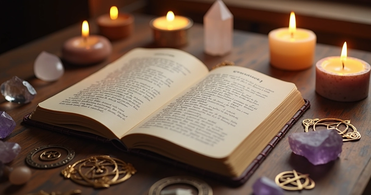 Mesa com um caderno aberto com afirmações escritas à mão, cercada por cristais, velas acesas e símbolos esotéricos sob luz quente