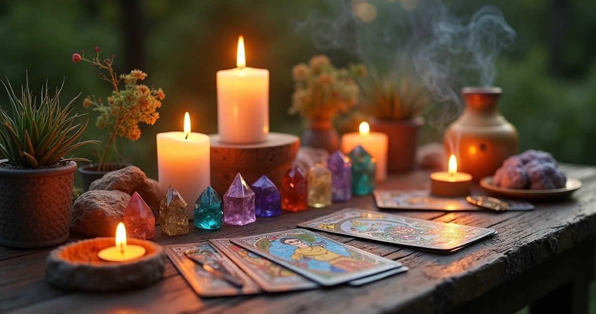 Altar místico com velas, cristais, incenso e elementos esotéricos organizados de forma equilibrada
