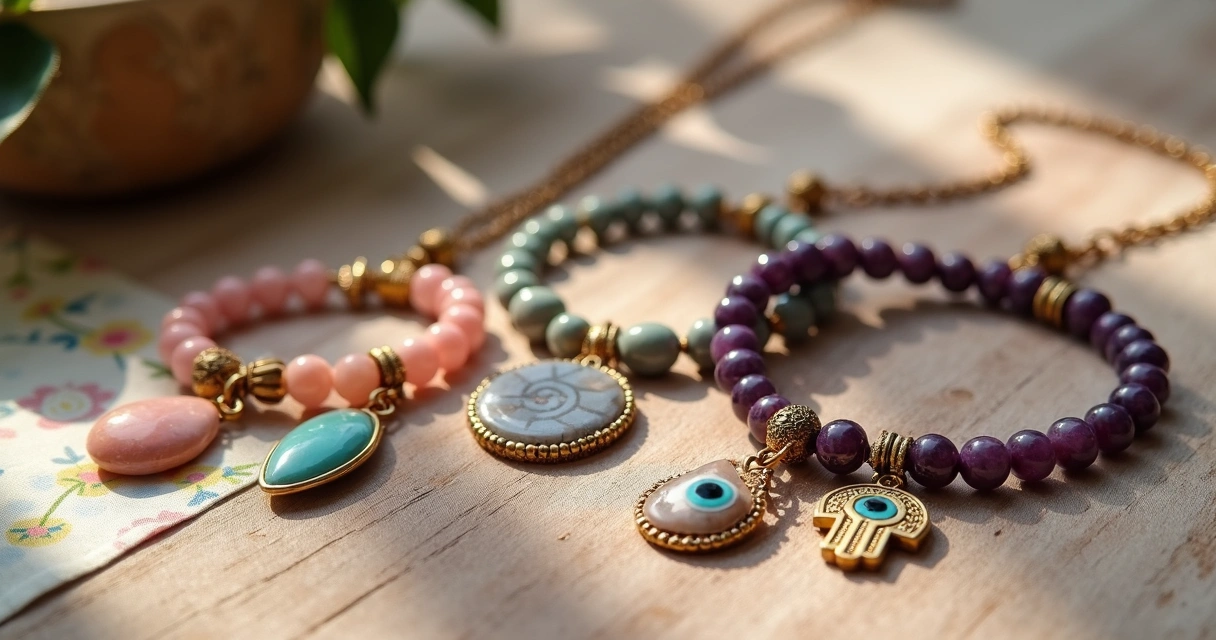 Colar e pulseiras artesanais com pedras naturais e símbolos protetores sobre tecido delicado