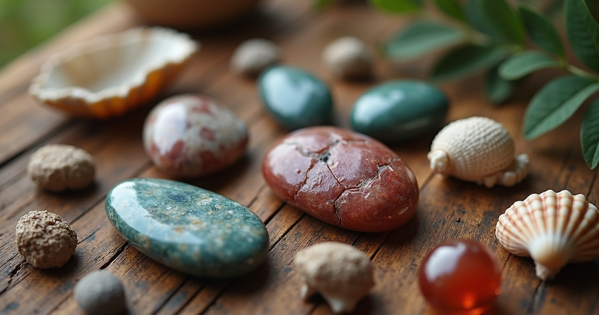 Amuletos naturais com conchas, sementes e pedras protetoras sobre fundo de madeira rústica, iluminados por luz suave