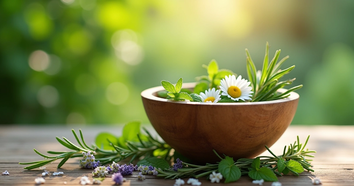 Banho de ervas em uma bacia com plantas frescas sobre uma mesa de madeira ao ar livre